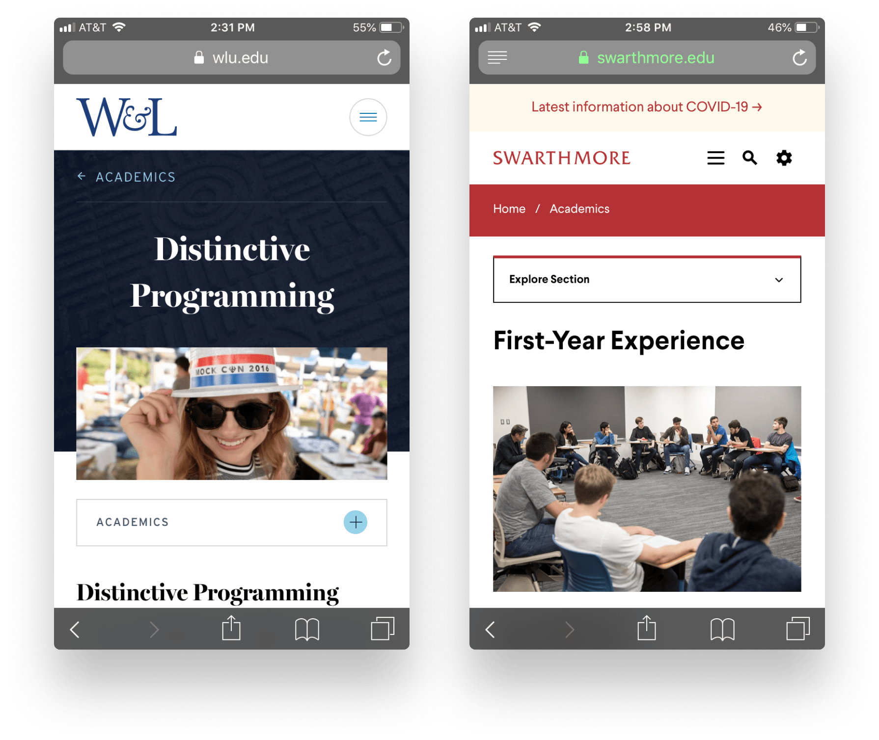 Image of mobile view of W&L and Swarthmore interior pages