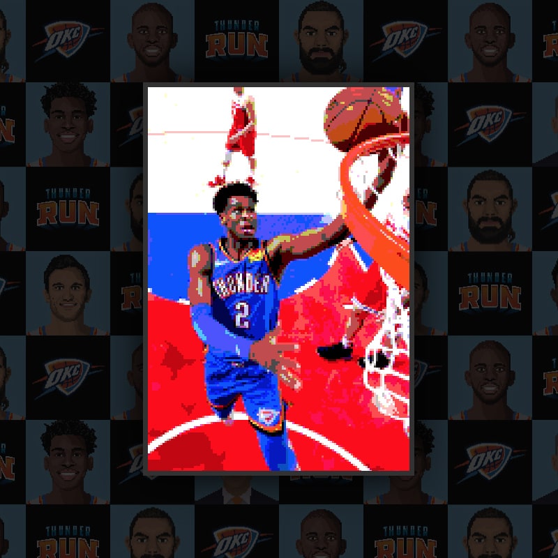 A pixelated, 16-bit stylization of Shai Gilgeous-Alexander making a slam dunk. After a user finishes their run, they see a similar image of their chosen player making a slam dunk in the game.